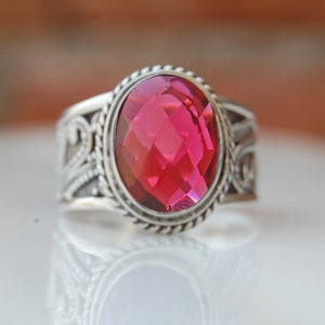 Pink Tourmaline 925 Sterling Silver Ring, Oval Faceted Pink Tourmaline Quartz Gemstone Ring Jewelry, Huge Unique Vintage Style Ring Jewelry