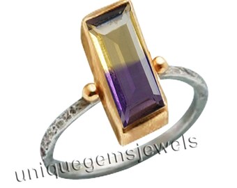Bague en argent sterling amétrine taille coussin : remplissage d'or bicolore