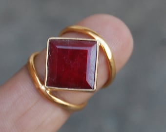 Square Raw Red Ruby Ring: 925 Sterling Silver, 18K Gold Statement Jewelry