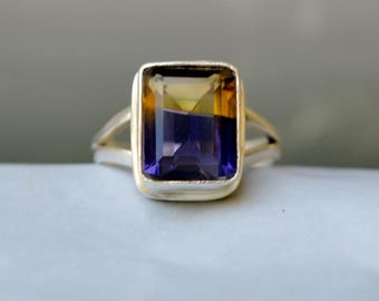 Bague en argent sterling amétrine taille coussin : accent or 18 carats