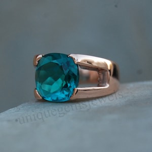 Neon Blue Apatite Quartz Sterling Silver Ring: Rose Gold Statement Jewelry