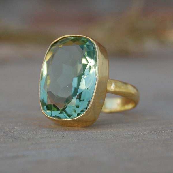 Cushion Green Amethyst Sterling Silver Ring, 18K Rose Gold, 18K Yellow Gold Green Prasiolite Ring, Statement Unique Jewelry