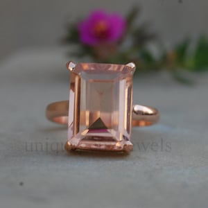 Peach Morganite 925 Sterling Silver Ring, 18K Rose Gold, 18K Yellow Gold Faceted Emerald Cut Morganite Ring, Statement Ring , Zodiac Jewelry