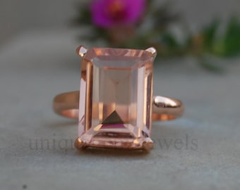 Peach Morganite Sterling Silver Ring: Emerald Cut, 18K Gold Accent