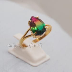 Watermelon Tourmaline Quartz Ring: 925 Sterling Silver, 18K Gold Jewelry