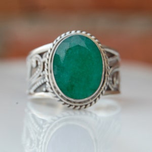 Natural Emerald 925 Sterling Silver Ring, Oval Faceted Green Emerald Gemstone Ring Jewelry, Huge Unique Vintage Style Ring Jewelry