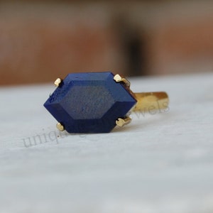 Hexagon Blue Sapphire 925 Sterling Silver Ring, Solid 18K Rose Gold, 18K Yellow Gold Natural Raw Sapphire Ring, Statement Zodiac Jewelry