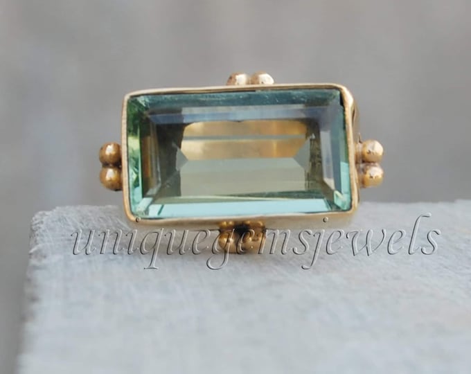 Cushion Cut Green Amethyst Ring: 18K Gold Sterling Silver Prasiolite Jewelry