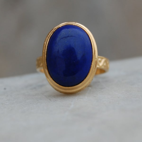 Oval Cab Blue Lapis Lazuli 925 Sterling Silver Ring, 18K Rose Gold, 18K Yellow Gold Round Lapis Ring, Blue Statement jewelry