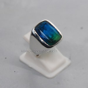 Green Blue Tourmaline Sterling Silver Ring: Cushion Signet Jewelry