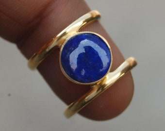 Round Cab Natural Blue Lapis Lazuli 925 Sterling Silver Ring, Blue Lapis 18K Rose Gold, 18K Yellow Gold Ring, Statement Gift jewelry