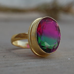 Watermelon Tourmaline Ring: 18K Gold Sterling Silver Statement Jewelry