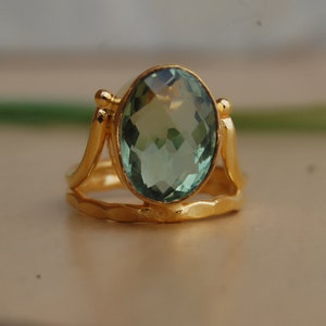 Oval Faceted Green Amethyst 925 Sterling Silver Ring, 18K Rose Gold, 18K Yellow Gold Prasiolite Ring, Designer Statement jewelry