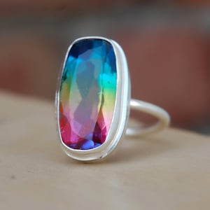 Cushion Cut Multicolored Tourmaline Quartz Sterling Silver Ring