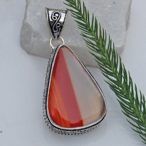 Red Banded Agate 925 Sterling Silver Pendant, Pear Red Banded Gemstone Pendant Jewelry, Unique Gift Jewelry, Huge Pendant