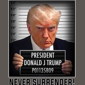 May include: A black and white mugshot style image of a man with blonde hair. The image is set against a gray background with a height chart in inches. The man is holding a black sign that reads "PRESIDENT DONALD J TRUMP P01135809" and the text "NEVER SURRENDER!" is printed below the sign.