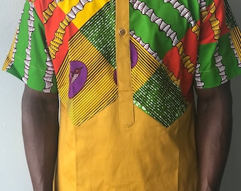 African print men's short sleeve shirt