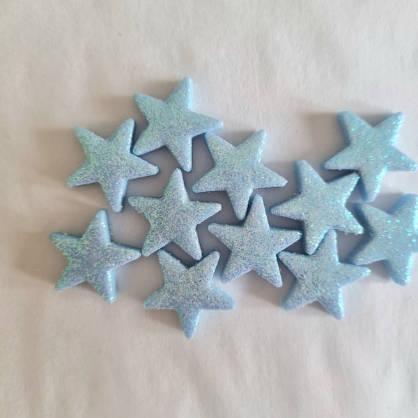 24 Glittery Light Blue Stars - Edible Sugar Cake Decorations / Toppers