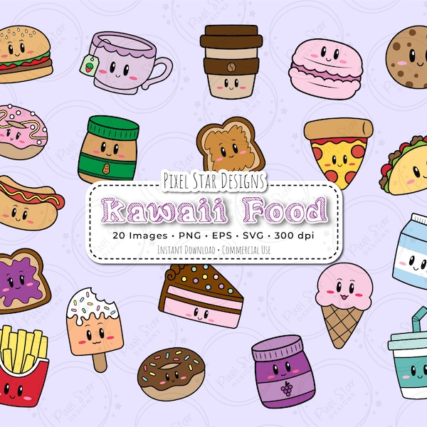 Cute Food Clipart Set, Kawaii Food & Dessert Vector Graphics, Commercial Use, Instant Download.