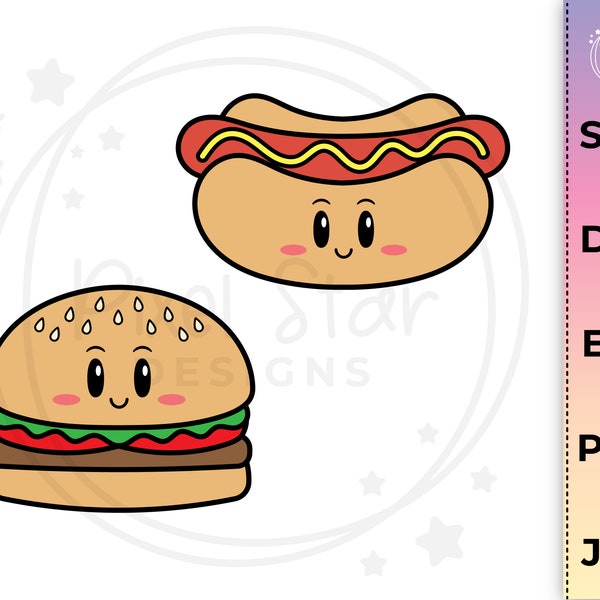 Kawaii Hotdog & Hamburger SVG, Cute Food Vector Graphics, Clipart png, dfx, jpg, svg, eps. Commercial Use, Instant Download.