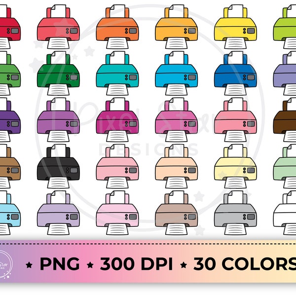 Printer Clipart PNG Graphics in 30 Colors, Commercial Use, Instant Download.