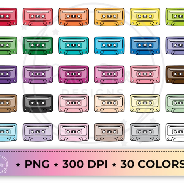 Cassette Tape Clipart PNG Graphics in 30 Colors, Commercial Use, Instant Download.