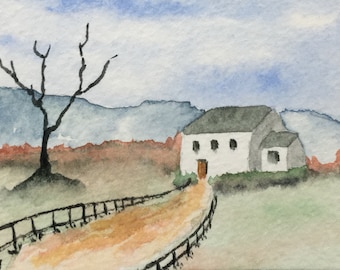 ACEO watercolour painting of white cottage
