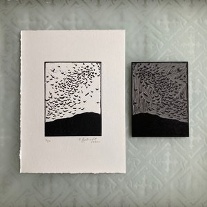 Birds in Flight Linocut print | fine art print | hand carved linocut print