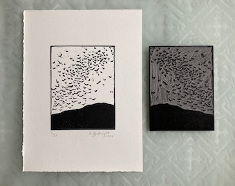 Birds in Flight Linocut print | fine art print | hand carved linocut print