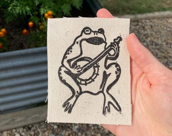 Banjo Frog Patch: Hand-Printed Linocut Art