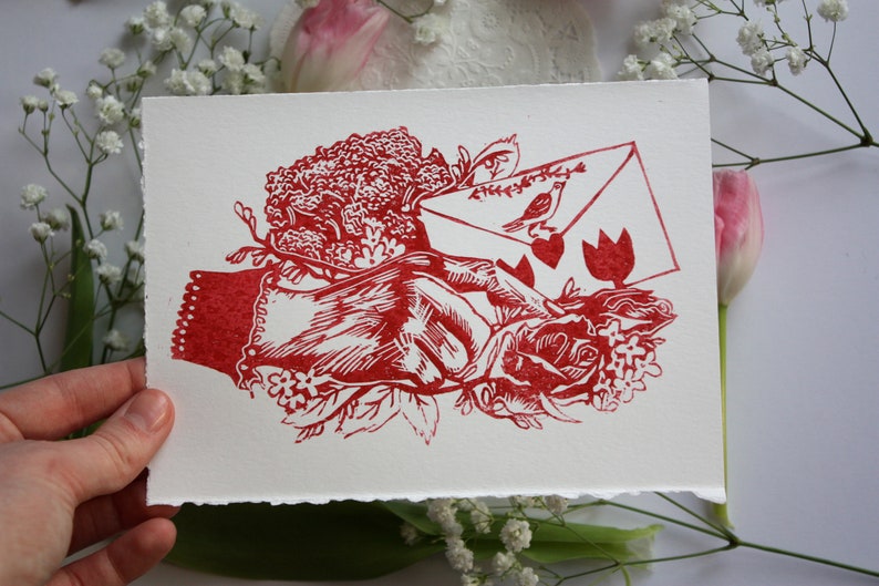 Victorian Valentine Linocut Print Valentine Handmade Vintage Style Note Love Letter Print Mourning Hand Note image 3