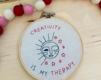 Hand Embroidery Hoop Art | Creativity is My Therapy with a Sun and Stars Motif