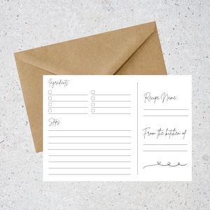 Carte de recette minimaliste simple, carte de recette, carte de recette physique, plat 5x7, parfait pour les mariages, moderne, propre, élégant, minimal