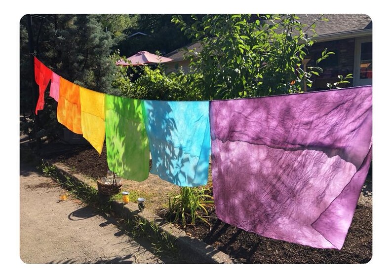 May include: A rainbow of colorful fabric squares hang on a clothesline in a backyard. The squares are dyed in shades of red, orange, yellow, green, blue, and purple.