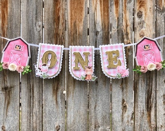 Pink Barn High Chair Banner | Farm High Chair Banner | 1st Birthday Pink Farm | Farm Birthday Decor | Barnyard Birthday  | Pink Barnyard