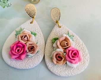 Floral Polymer Clay Earrings: Handmade Rose Drop Earrings