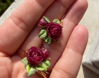 Handmade Floral Polymer Clay Earrings: Red Peony Statement Jewelry
