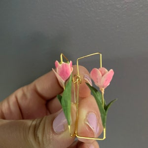 Handmade Pink Tulip Earrings: Gold Plated Floral Hoops