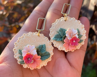 Handmade Floral Polymer Clay Earrings: Cream Wedding Jewelry
