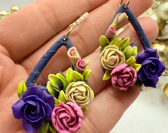 Handmade Floral Polymer Clay Earrings: Botanical Bouquet Statement Jewelry