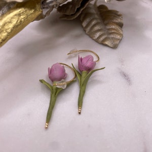 Handmade Lilac Polymer Clay Earrings: Gold Plated Floral Hoops