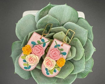 Handmade Pink Floral Clay Earrings: Gold Plated Boho Statement Jewelry