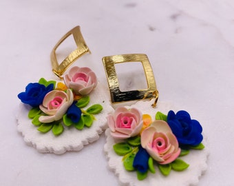 Floral Polymer Clay Earrings: Handmade Rose Bouquet, Gold Plated