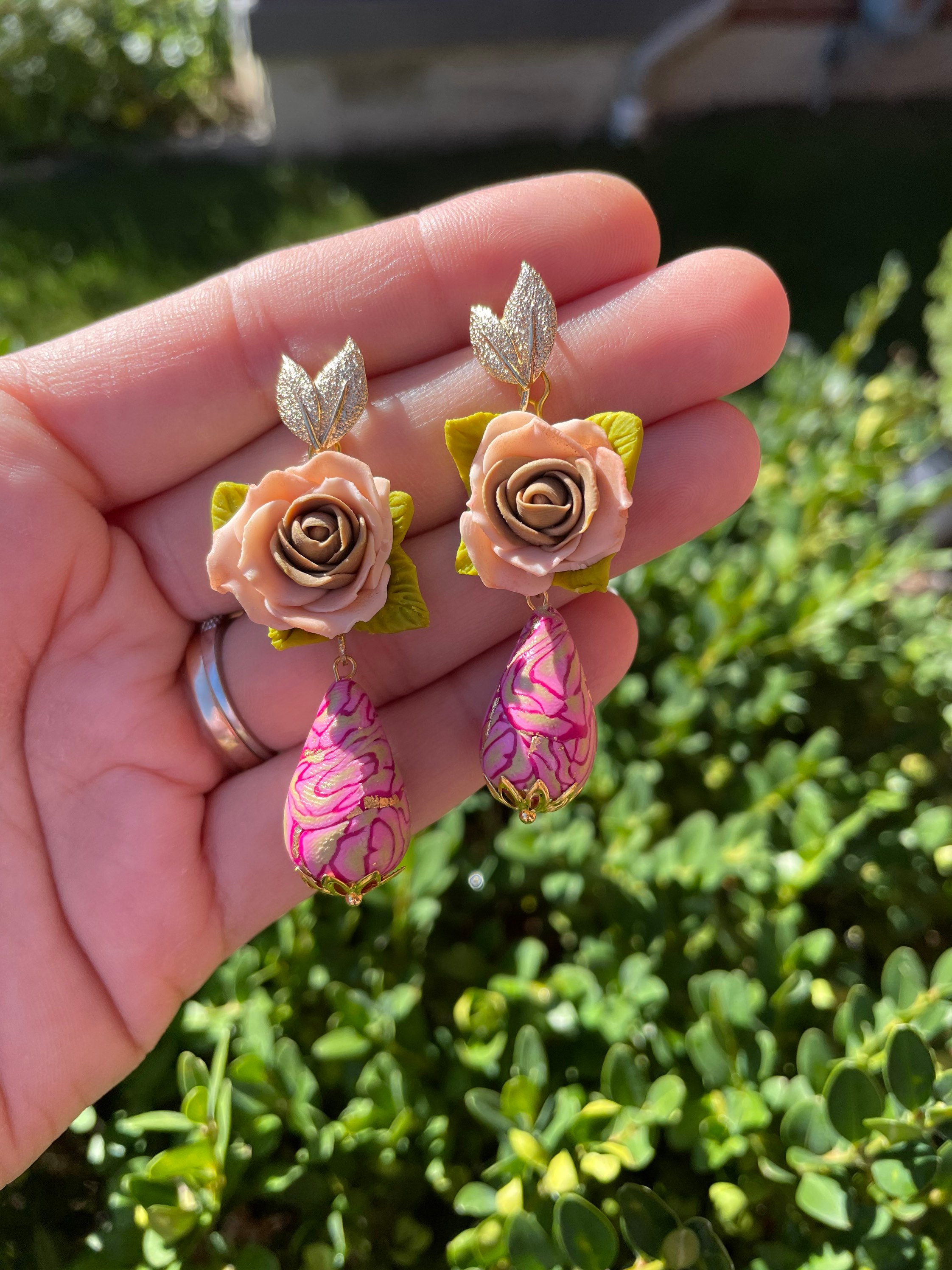 Clay Earrings Polymer Clay Earrings Pink Earrings Earrings with Brass clay earrings