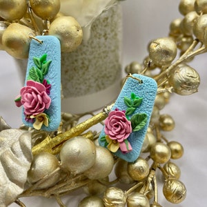 Blue Floral Polymer Clay Earrings: Handmade Rose Statement Jewelry