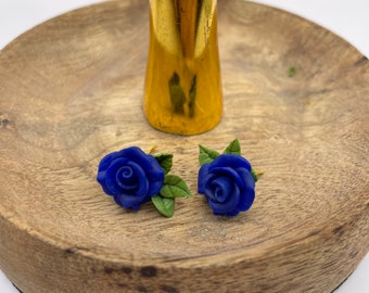 Handmade Blue Rose Earrings: Floral Polymer Clay Bouquet