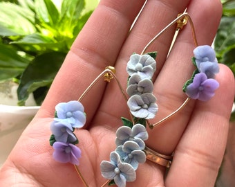 Handmade Hydrangea Earrings: Floral Polymer Clay, Gold Plated