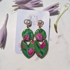 Floral Statement Earrings: Handmade Polymer Clay, Gold Plated Hardware