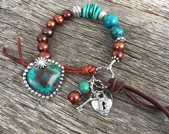 artisan brass flower charm Pearl Bracelet Picasso jasper Vintage Patina Brass Button Golden pearls
