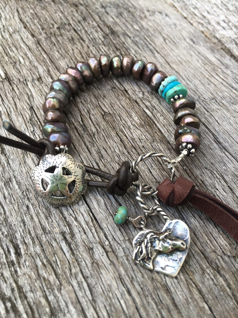 Mexican Turquoise Leather toggle Artisan horse charm Peacock Coffee Pearl Bracelet Artisan Western Star Button